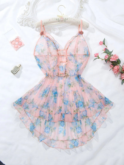 Plus Size Floral Print Sheer Babydoll Lingerie with Ruffle Trim